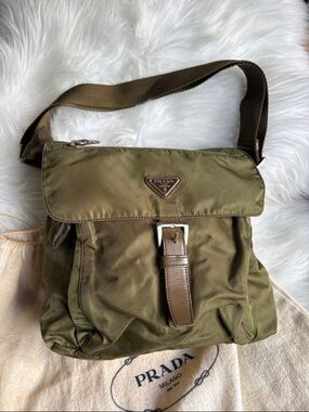 Vintage Prada Olive Nylon Crossbody Messenger Bag with Leather Trim(small size)